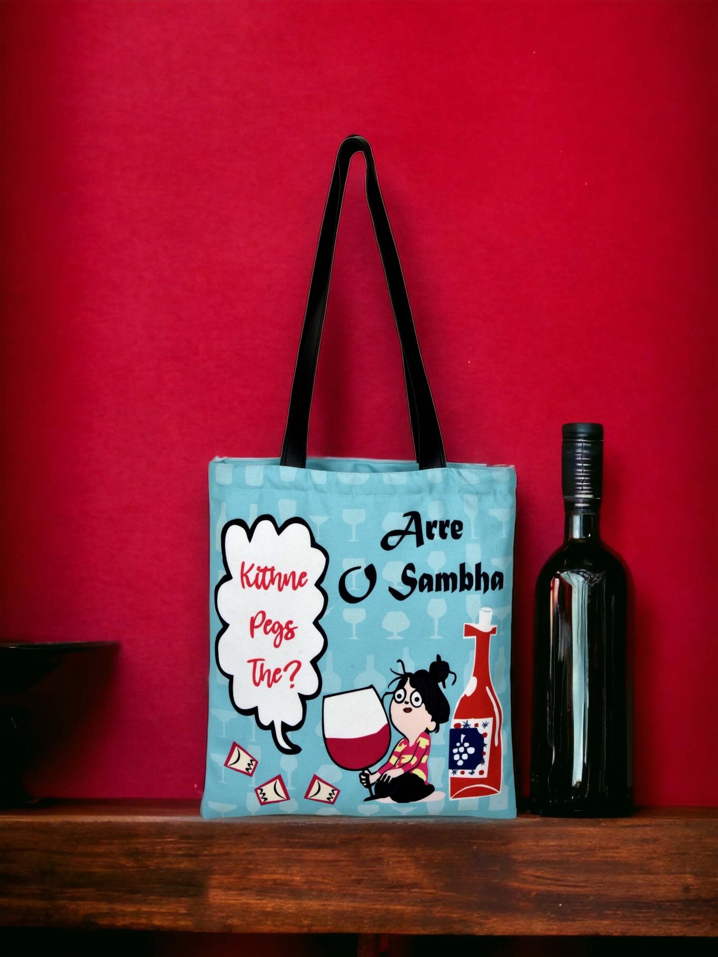  sambha tote bag with wine glass. tote bag. Drama queen. Drama queen bag